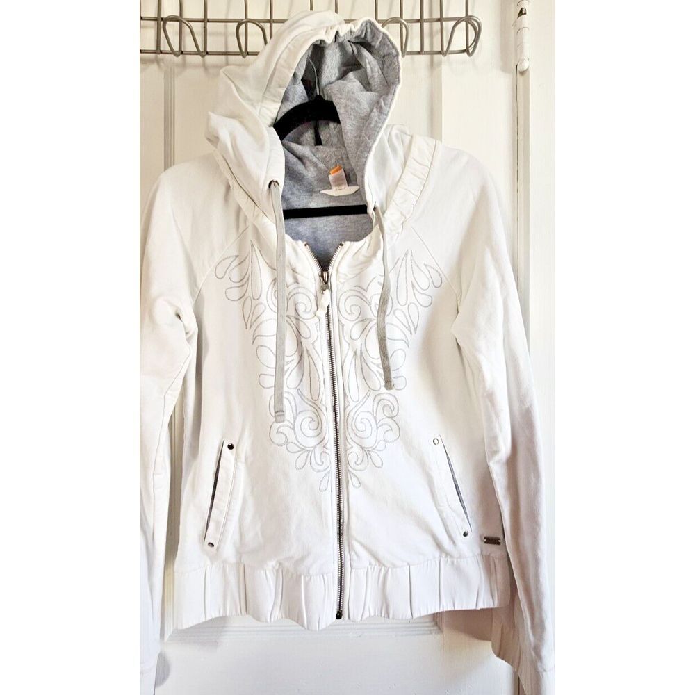Lucy Hoodie full zip floral pleated hem white cotton Sz Small Peru made